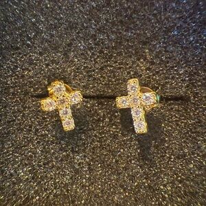 Sparkling 14k Gold over Sterling Silver CZ Cross Earrings